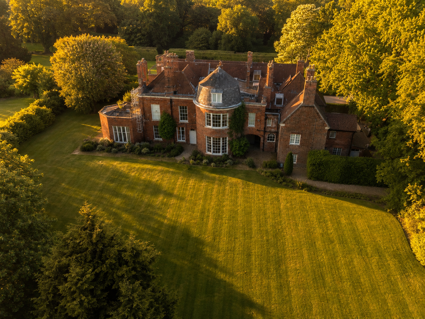 Aerial view of West Retford Hall showing parking and grounds